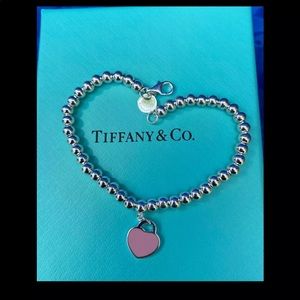 Tiffany & Co. 925 Silver  Pink Enamel Heart Charm Bracelet - 6.5" long